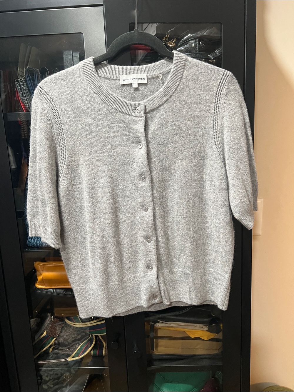 White + Warren Light Gray Short-Sleeve Cashmere Blend Cardigan